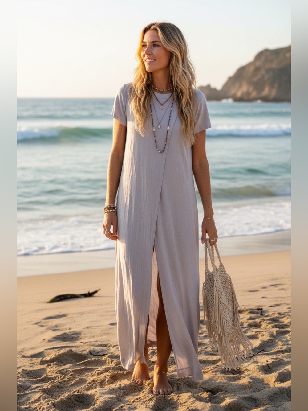 Free People Beach Crossover Short Sleeve Tulip Slit Maxi Dress